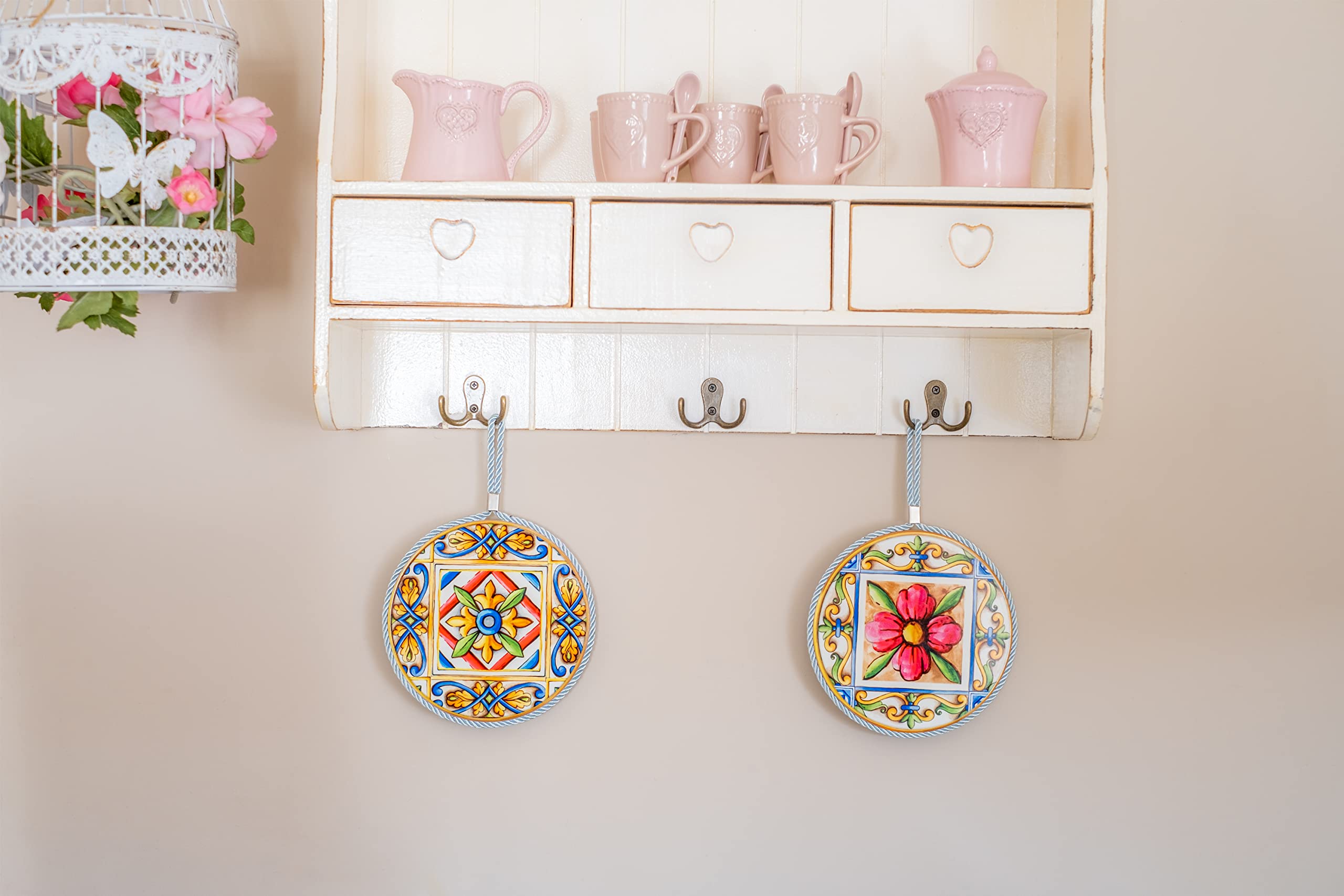 Moorg Piatto Ceramica Decorato da Appendere Set da 2, 16x16 cm, Piastrelle Siciliane Maiolica, Sughero
