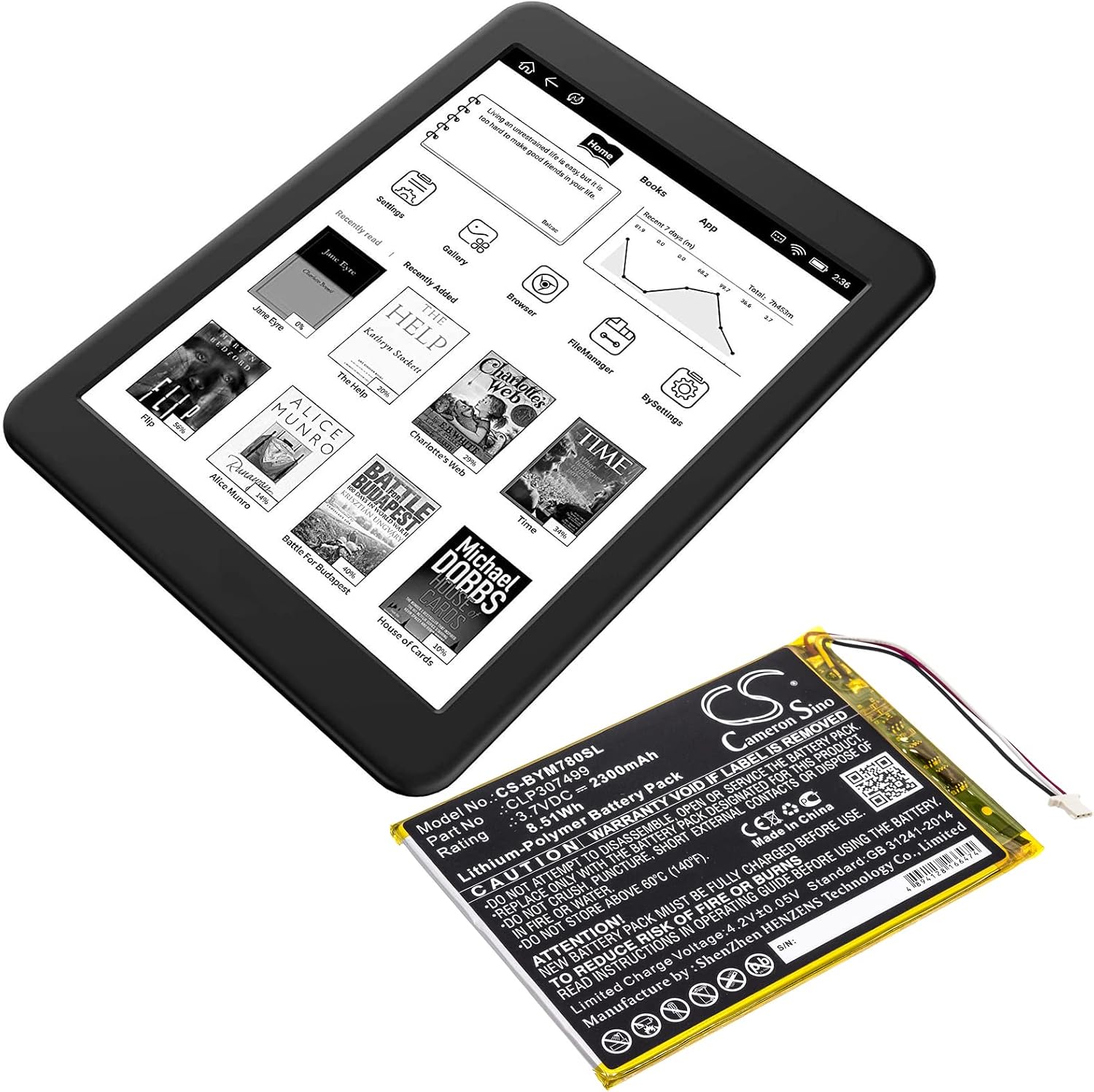Cameron Sino NEW Replacement Battery Fit for Boyue likebook Mars 7.8"(2300mAh / 8.51Wh)