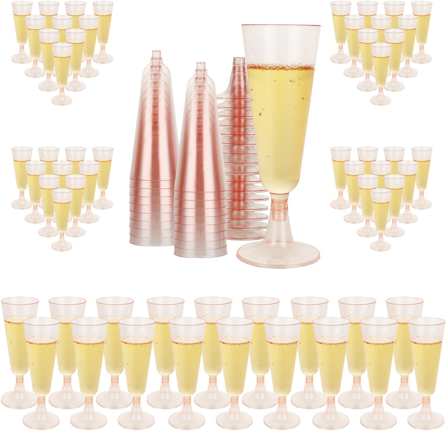 LOMOFI 30 Plastic Rose Gold Rimmed Champagne Flutes 5.5 oz. Clear Hard Disposable