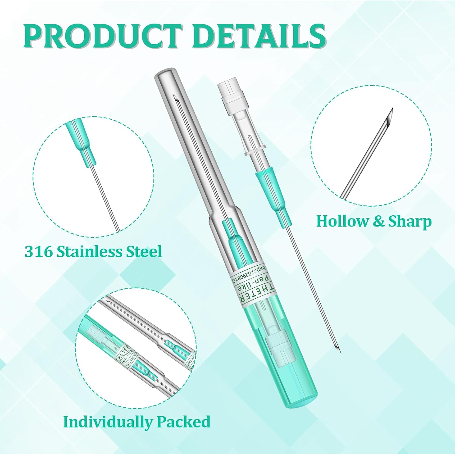 ATOMUS Catheter Piercing Needles - 10Pcs 16G Hollow Needles for Ear Nose, Belly Lip Piercing Stainless Steel Individually Packed Body Piercing Tools (50pcs Mxied Sizes)