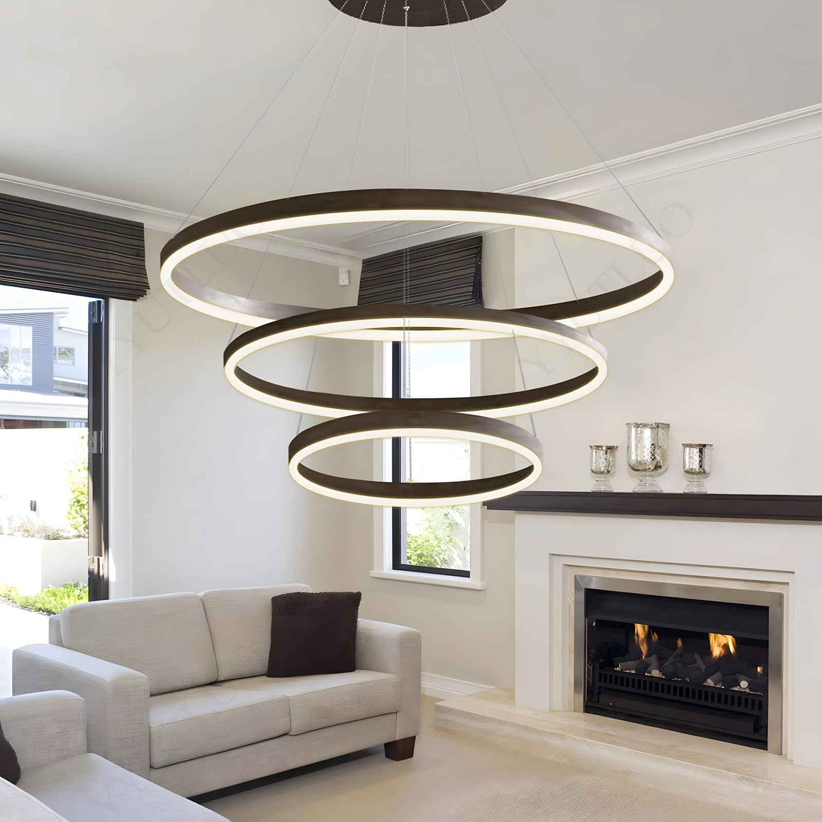 Nowoczesny Okrągły Żyrandol Led DIY | 3 Brązowy Pierścienie, ∅40+60+80cm=90W，H200cm Wysokość Nastawny, Metalowy + Akrylowy, Ściemniany Pilotem Okrągła Lampa Wisząca Sufitowa, Salon Sypialnia