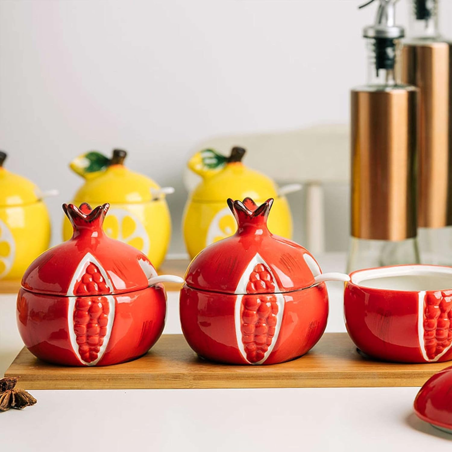 Sugar bowlFruit Sugar Bowl with Lid and Spoon Colorful Sugar Pot Ceramic Coffee Sugar Canisters Sugar Container Spice Jar Salt Pot Seasoning,Pomegranate