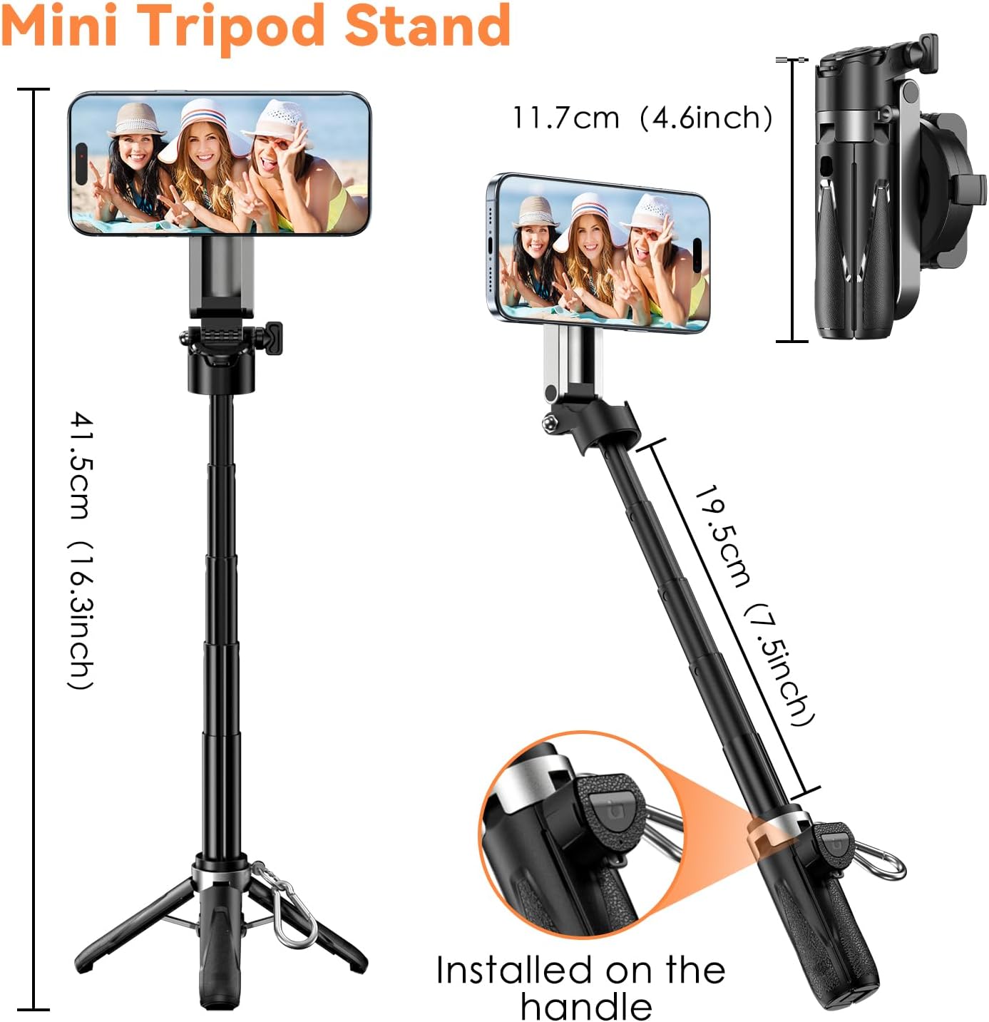 Magnetic Selfie Stick for iPhone, 4-in-1 Multifunctional Minni Pocket Tripod with 360° Rotation, Phone Handle Grip Stand, Detachable Remote/Clip for MagSafe/Androide for Photograph