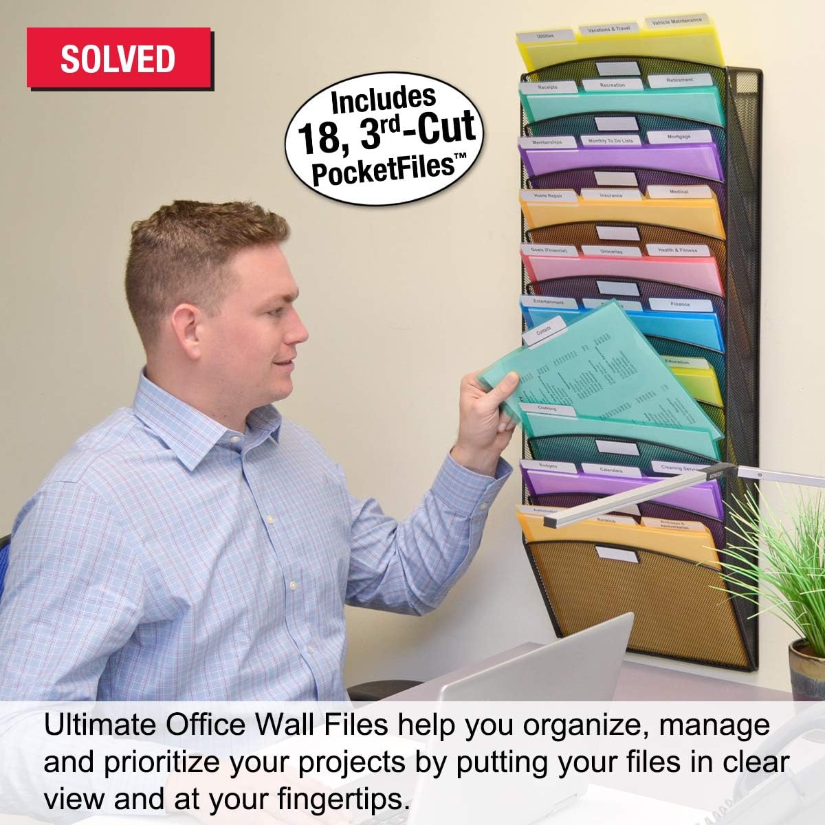 Ultimate Office Mesh Wall File Organizer, 10 Tier Cubicle Partition Hanging File Sorter Multipurpose Display Rack. Includes 18, 3rd Cut PocketFile Clear Document Folder Project Pockets (Black) : Office Products