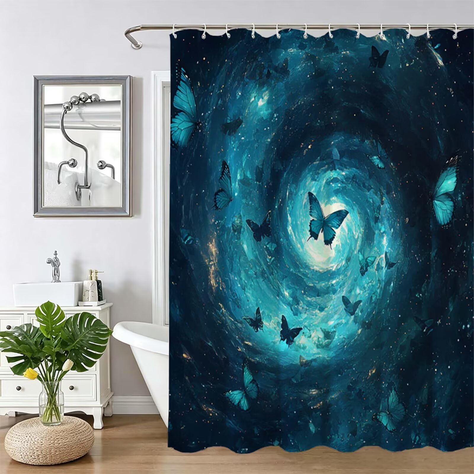 Tenda Doccia in Poliestere turchese,Tende per Doccia Extra Lunga 230x180cm,Farfalla Tenda Vasca da Bagno Tessuto Lavabile,Impermeabile e Facile da Pulire,con 12 Ganci,Decorazione per Bagno,Hotel Z-498