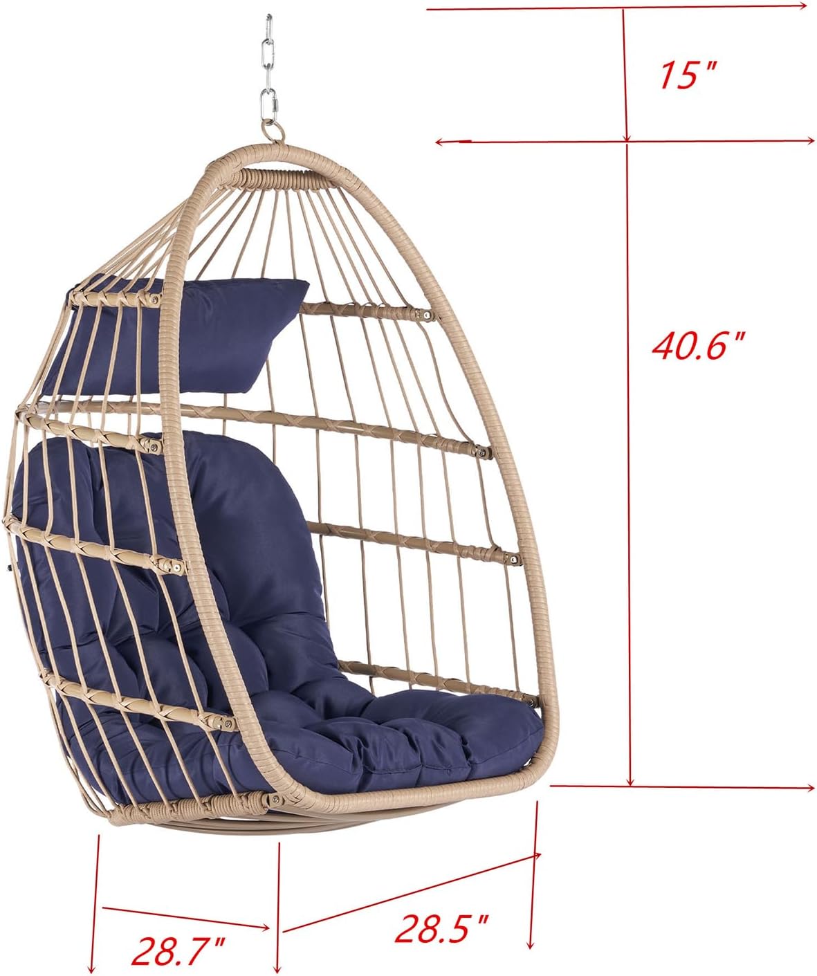 Swing Egg Chair Without Stand Indoor Outdoor, Rattan Woven Foldable Swing Egg Chair with Cushion, Load Capacity 280 lbs, Suitable for Bedroom, Garden, Balcony, Patio (Dark Blue)