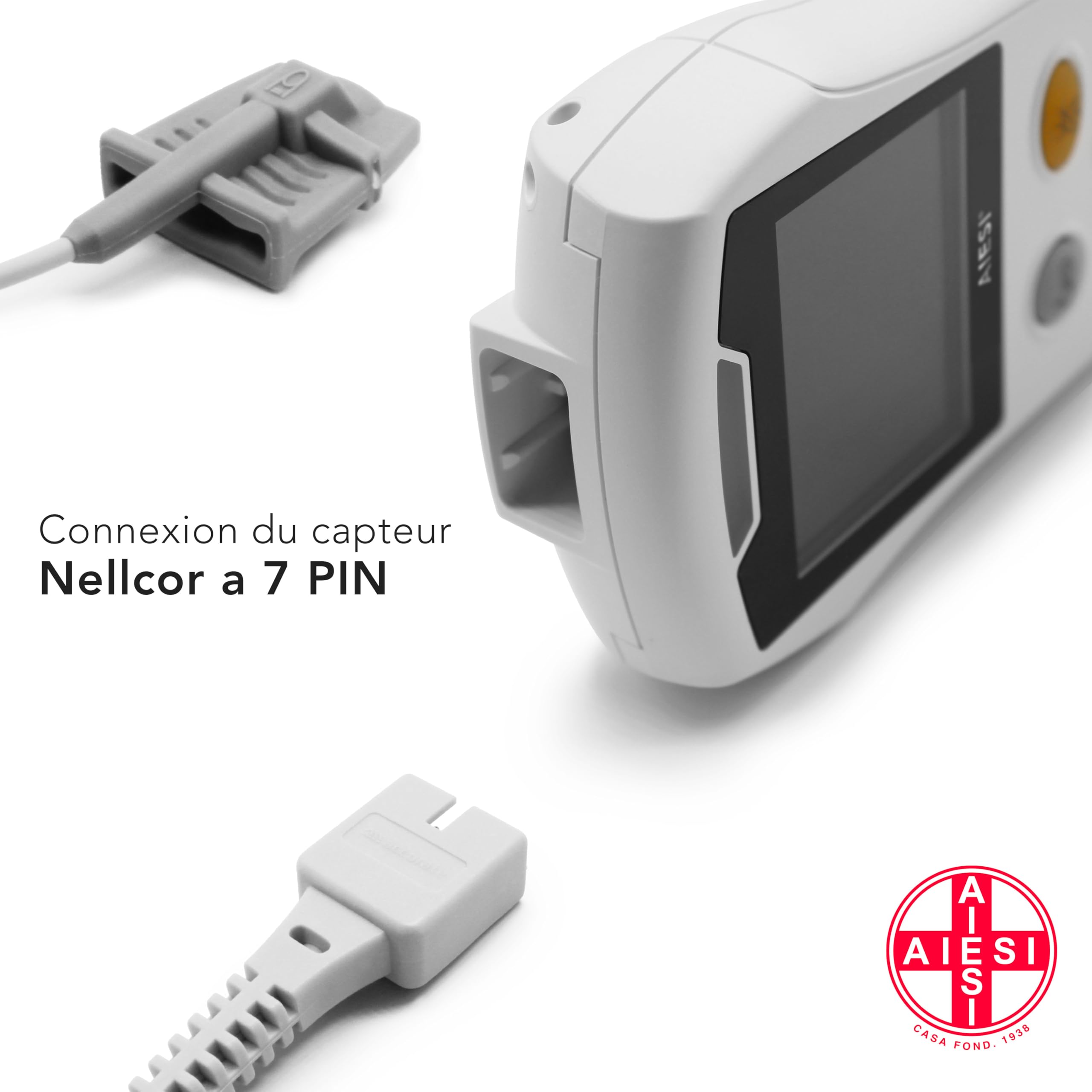 AIESI® Oxymètre de doigt Palmaire Professionnel Certifié avec écran couleur et sonde antimouvement pour adultes A3, Extrêmement précis, Batterie lithium, Coque de protection, Garantie 24 mois