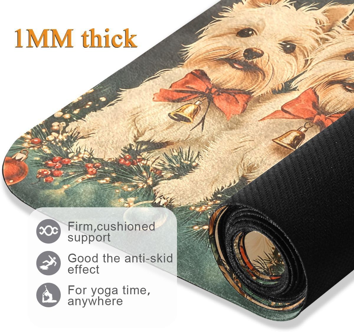 ALAZA Christmas Bell Dog Yoga Mat Non Slip Fitness Exercise Mat, Workout Mat for Yoga, Pilates and Floor Exercises