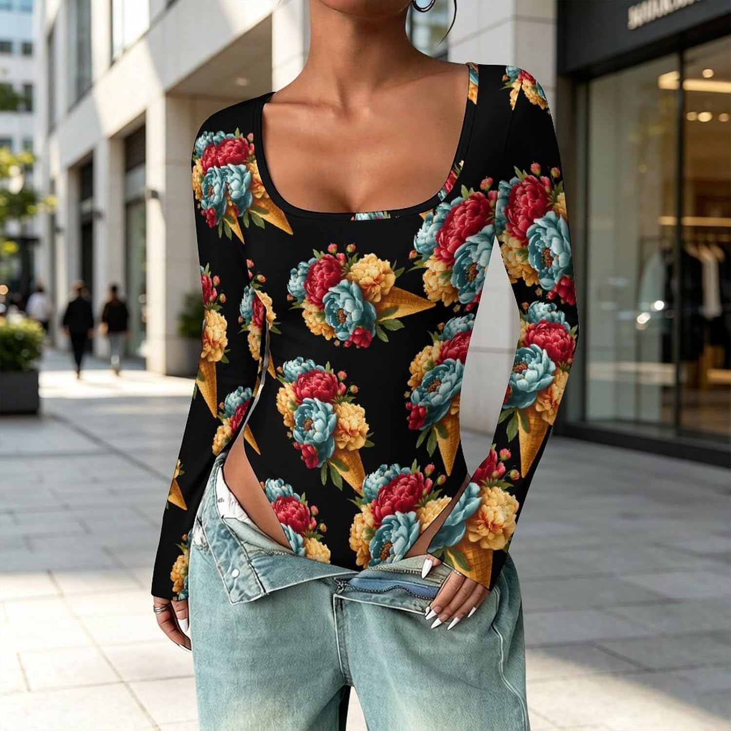 Ice Cream Flower Women's Bodysuits Long Sleeve Top 5XL