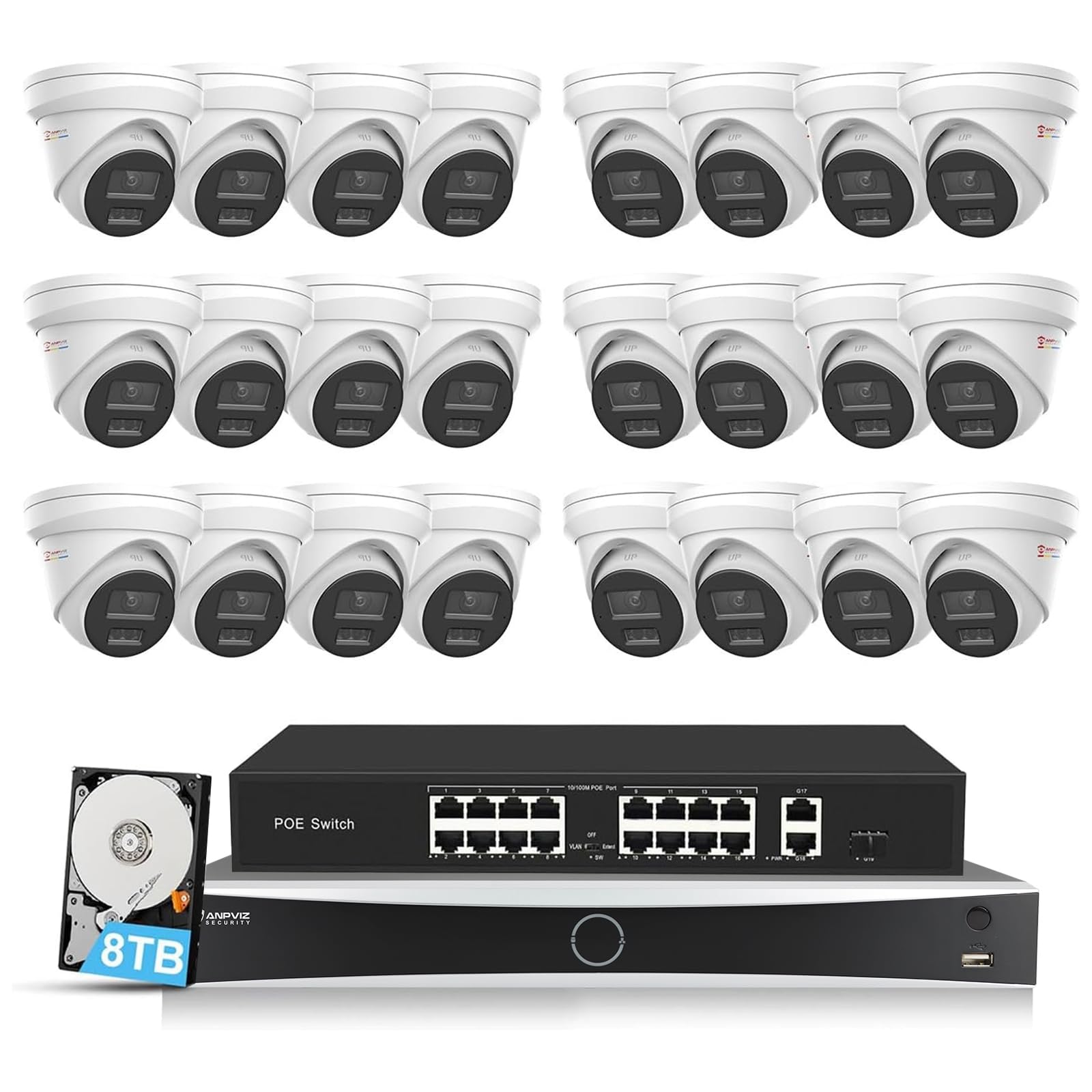 Anpviz 12MP NVR 32 Channel PoE Security Camera System, 32CH H.265+ NVR with 8TB HDD and 16 Ports PoE Switch, 24pcs 4K 8MP IP Cameras with Smart Color