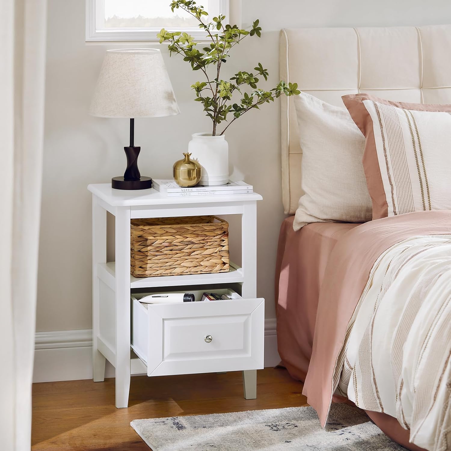 SoBuy FBT131-W Bedside Table with open drawer and items