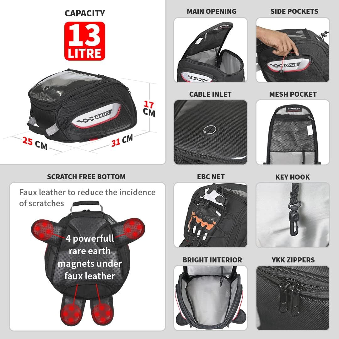 ViaTerra Oxus Magnetic Motorcycle Tank Bag |13L Capacity, Converts to Backpack, Scratch-Free Base, EBC Net, External Rain Cover | Universal Fit for Touring & Adventure Riding