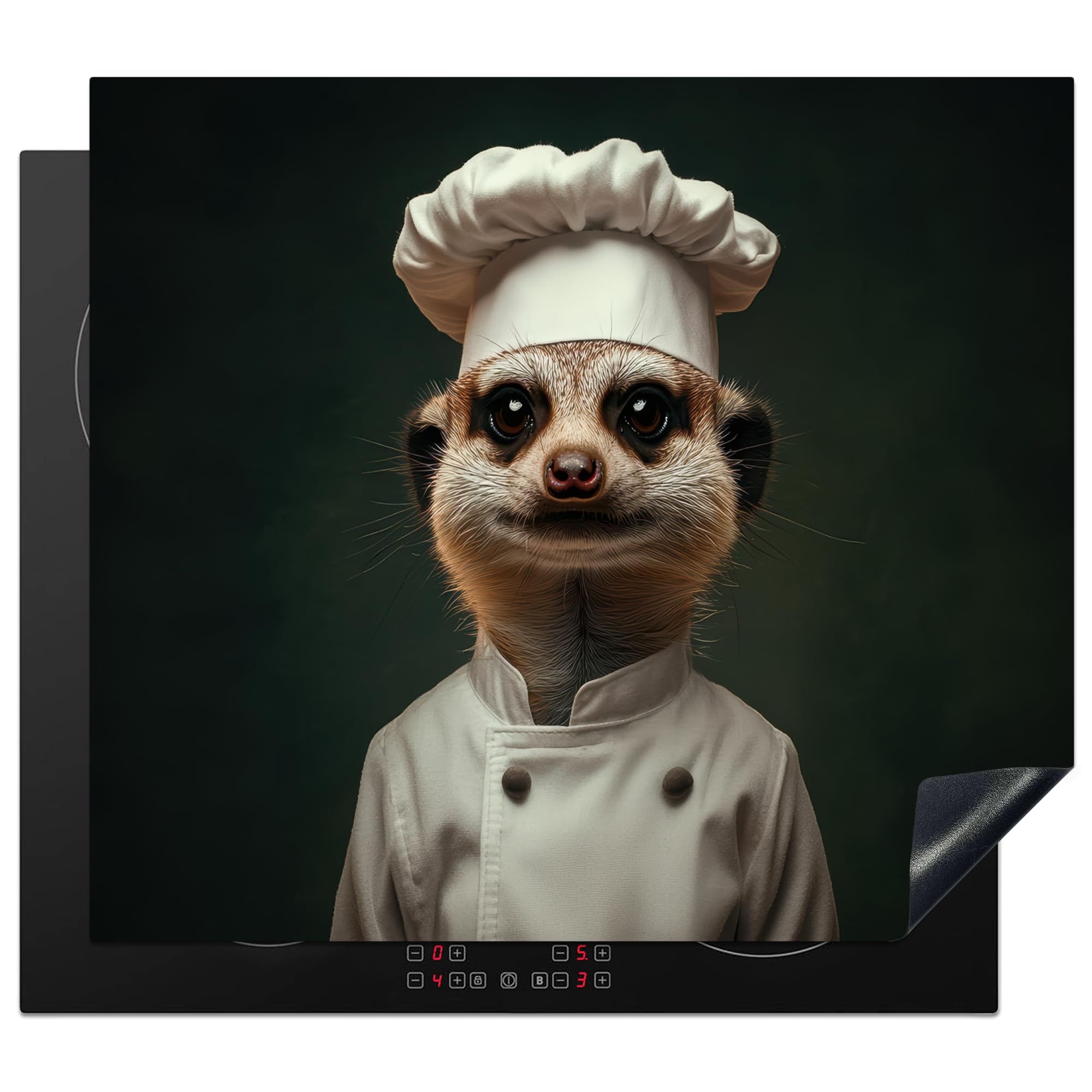 KitchenYeah© Induction Hob Cover Protector Mat 20.3"x22.7" / 57.6x51.6 cm Kitchen Universal Ceramic Covers for Electric Cookers Vinyl Animal - Chefs Hat - Meerkat
