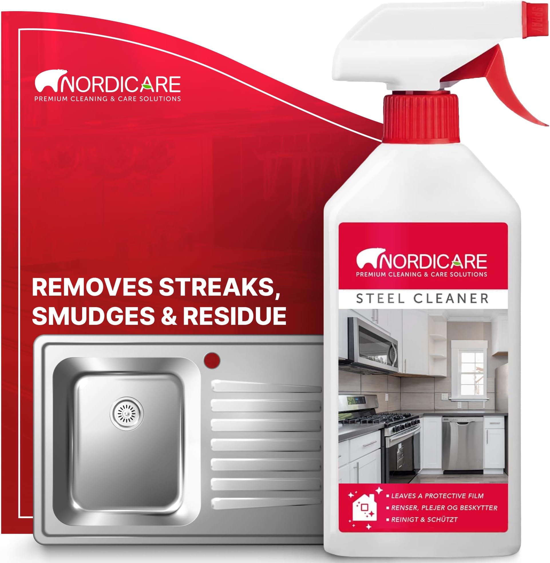 Stainless Steel Cleaner and Polish Spray - Steel Cleanser for Fridges Stove Oven Sink - Removes Fingerprints, Water Marks, Residue And Grease From Appliances - Made in Denmark (500ml)