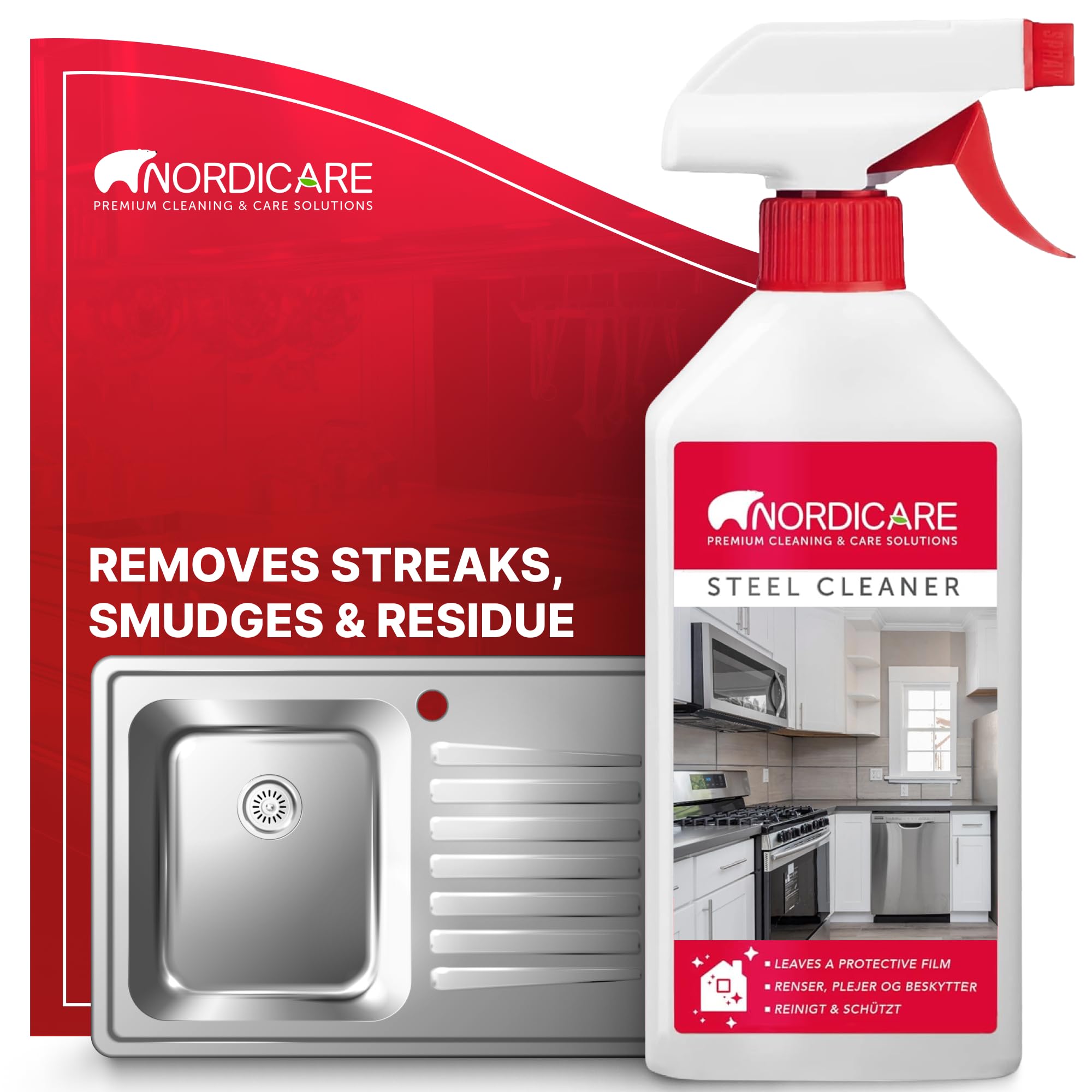 Stainless Steel Cleaner and Polish Spray - Steel Cleanser for Fridges Stove Oven Sink - Removes Fingerprints, Water Marks, Residue And Grease From Appliances - Made in Denmark (500ml)