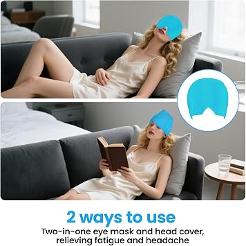 Migraine Relief Cap, Reusable Hot Cold Therapy Head Wrap for Headache Relief, 360° Gel Ice Pack Mask for Chronic Migraine, Tension Headache, Sinus Stress, Puffy Eyes (Blue)