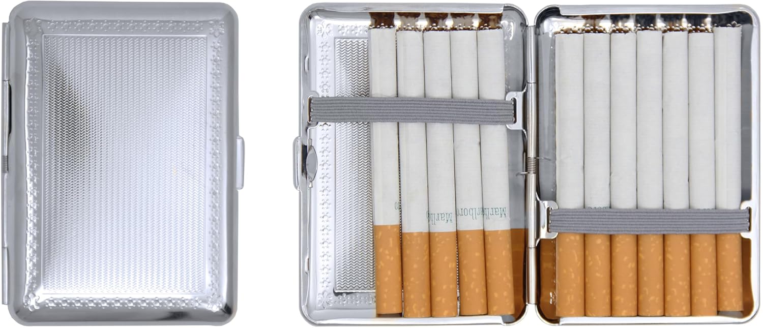 Set of 2 Compact Metal-Plated King Size Cigarette Case with Elastic Bands (Silver Rings)