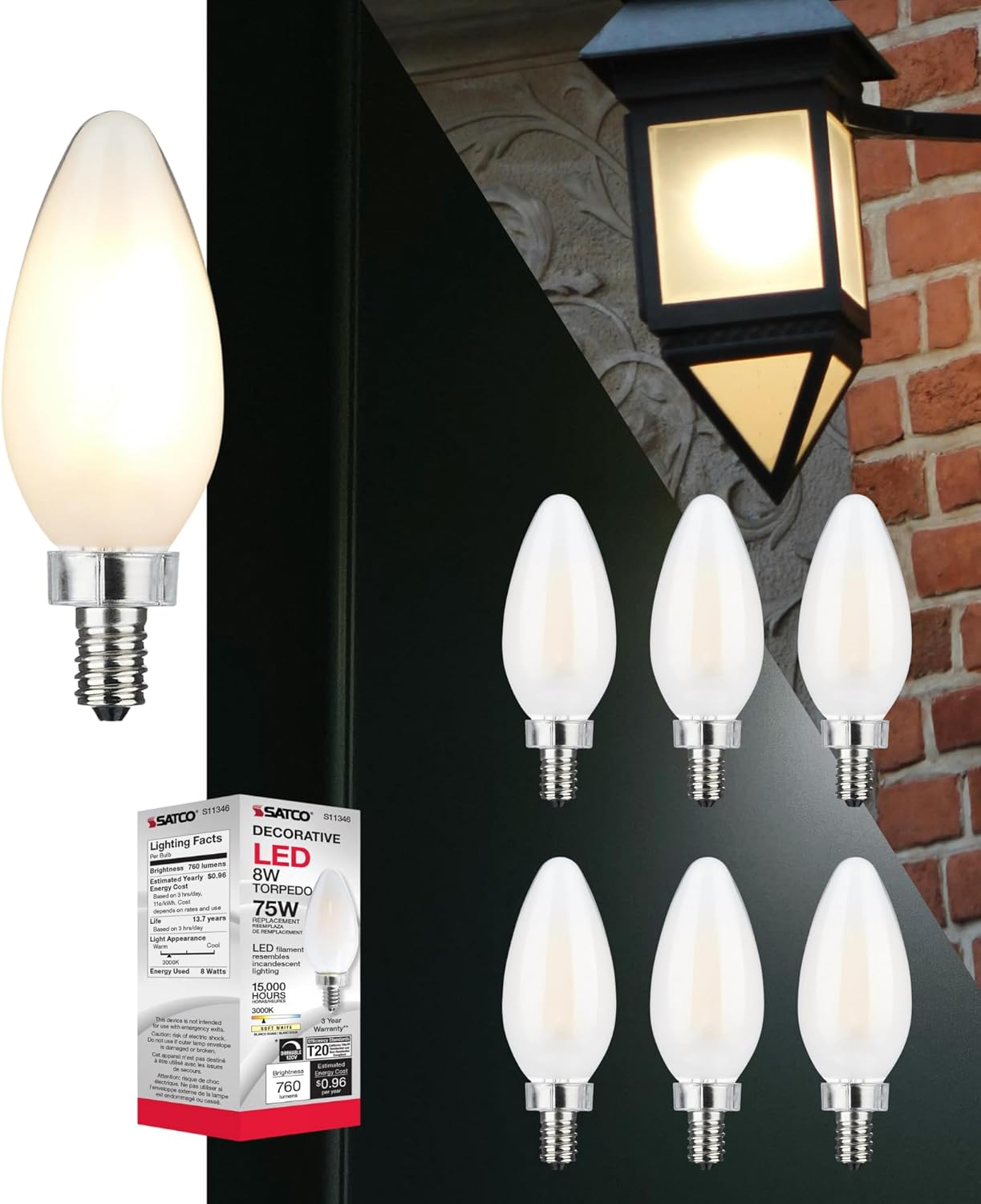 Satco 8W LED C11 Candle Light Bulb 3000K Soft White 760 Lumens Frosted Finish E12 Candelabra Base Dimmable 300 Degree Beam Enclosed Fixture Rated 120V S11346 (6 Pack)