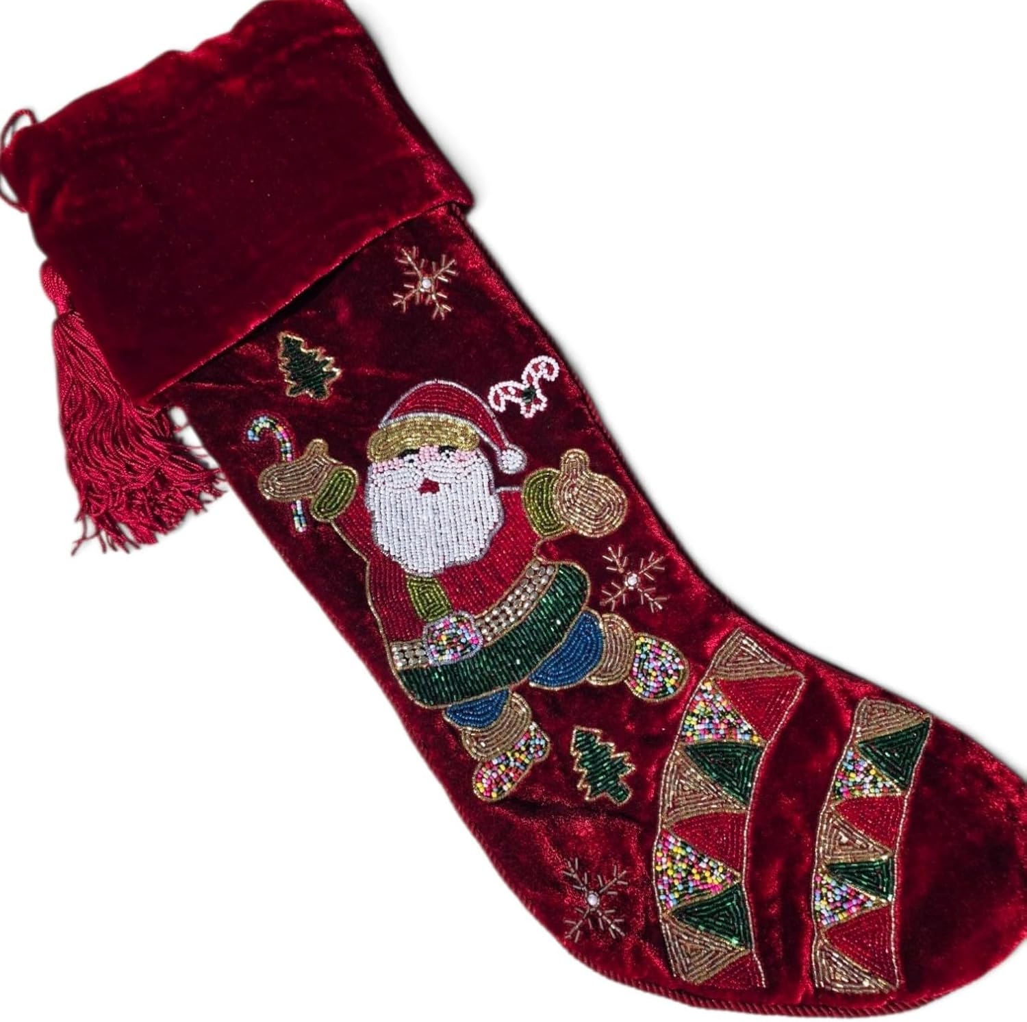 Luxury Hand Beaded Red Velvet Christmas Stocking 21 Inch Traditional Santa Claus Family Stocking, Premium Handcrafted Embroidered Holiday Mantel Decor with Elegant Side Tassel & Lining