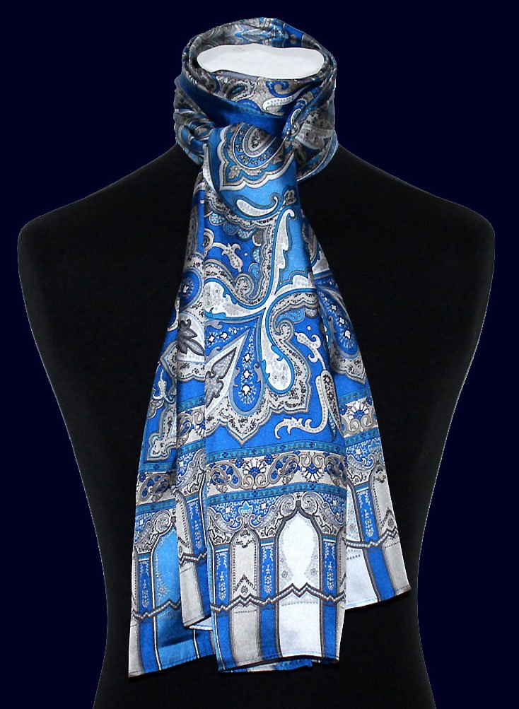Lorenzo Cana Bufanda de seda con estampado de cachemira, bufanda de 100% seda, 50 x 165 cm, colores armoniosos, pañuelo para mujer, 890651188, Azul Medio Plata Blanco, 50 x 160 cm