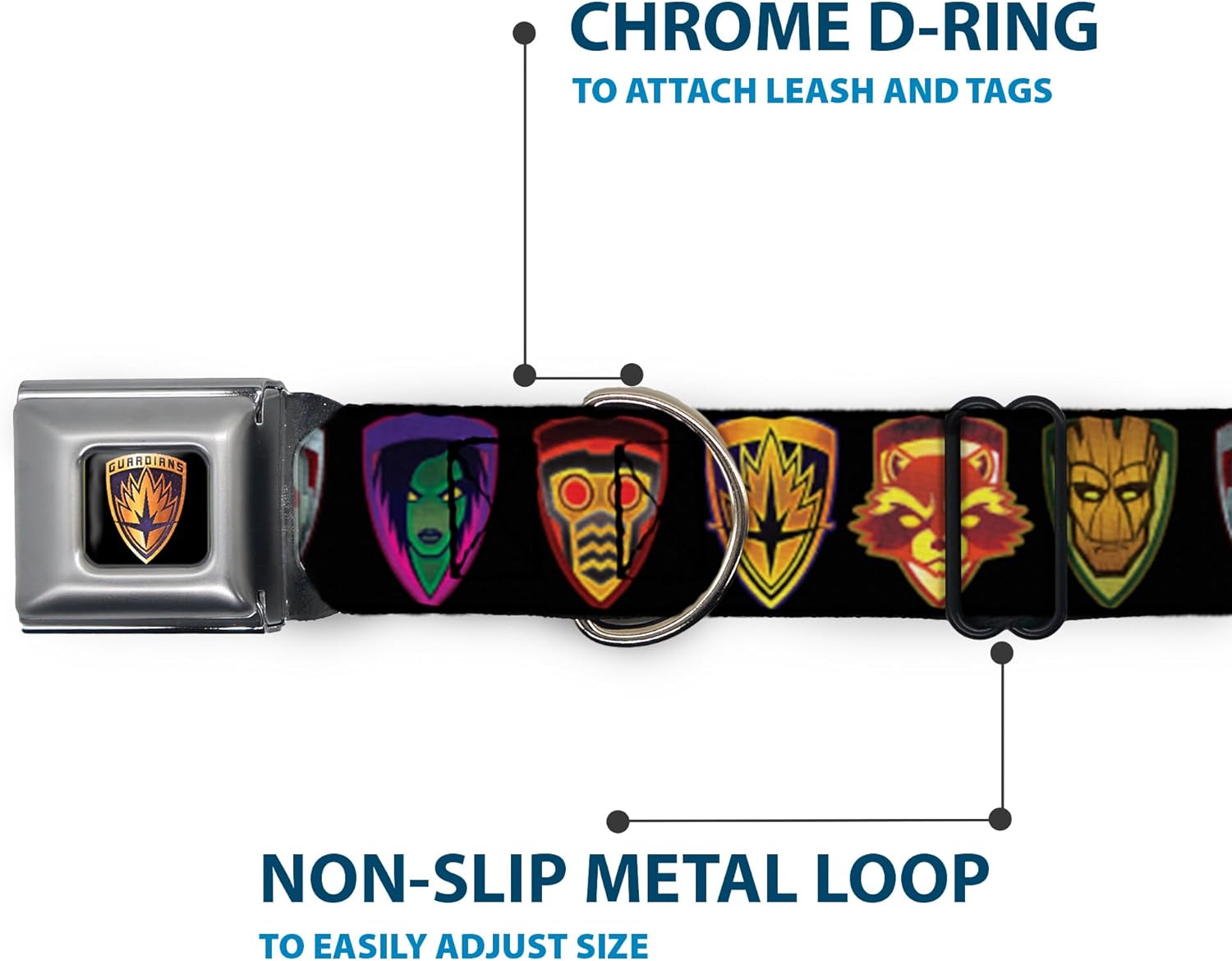 Buckle-Down DC-WMC111-S Seatbelt Dog Collar, Small, Guardians of The Galaxy Badge/5-Character Icons Black/Multi Color, 1" Wide - Fits 9-15" Neck - Small
