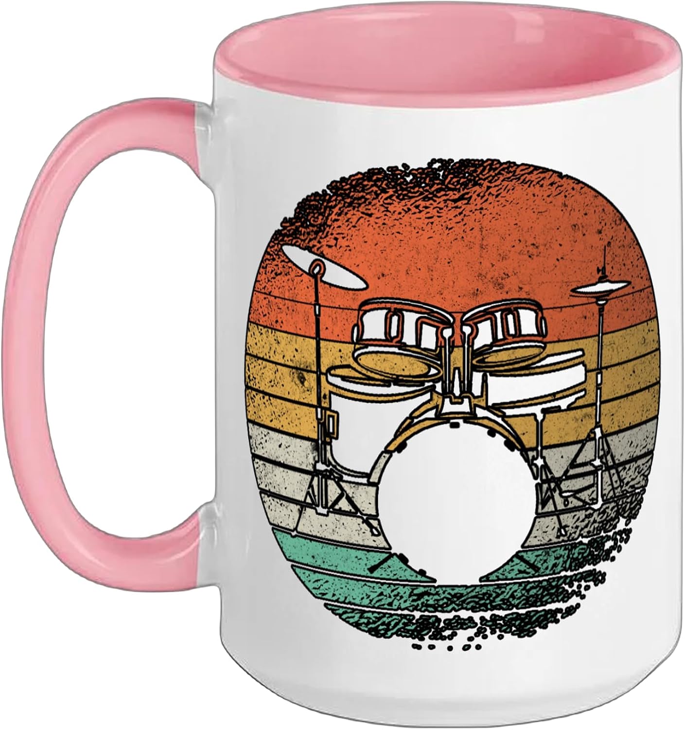 Vintage Drum Kit Retro Sunset Drummer Music Rhythm Art humor Ceramic Mug, Pink/White, 15oz