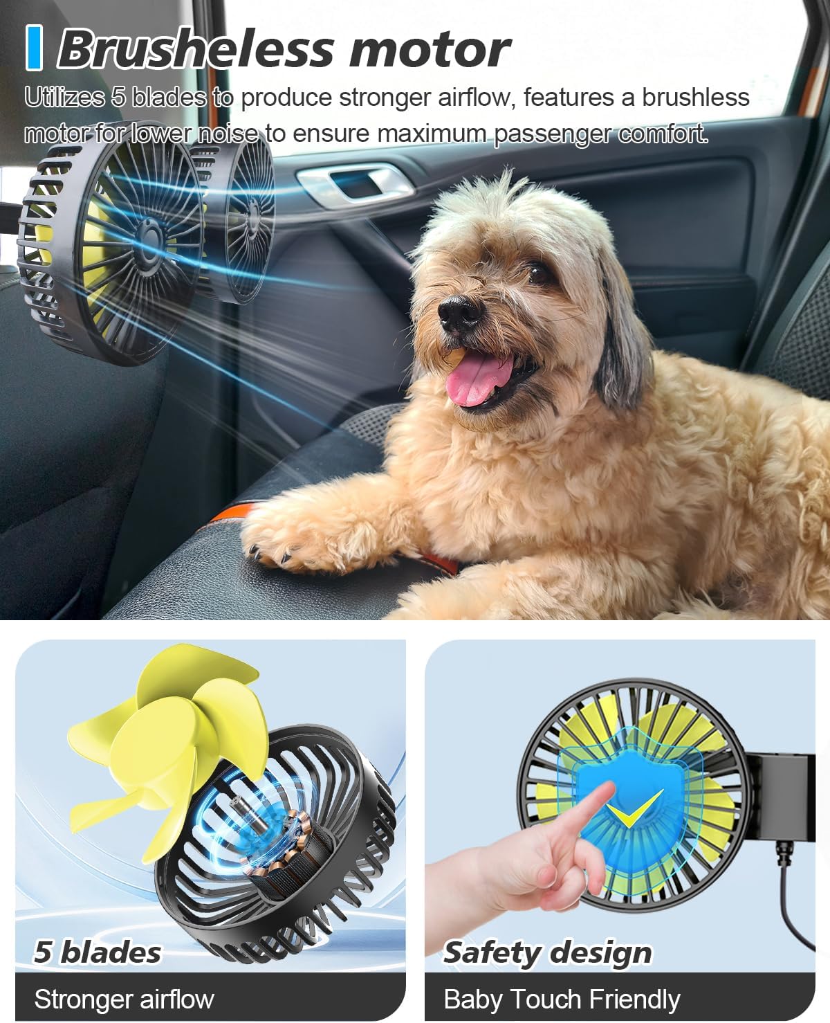 Poraxy Car Fans for Backseat Kids, Dual Head Car Fans that Blow Cold Air, Cooling USB Back Seat 3 Speed 360 Degree Rotatable Headrest Fan, Adjustable Clip Vehicles Rear Seat Air Fan for Sedan SUV RV