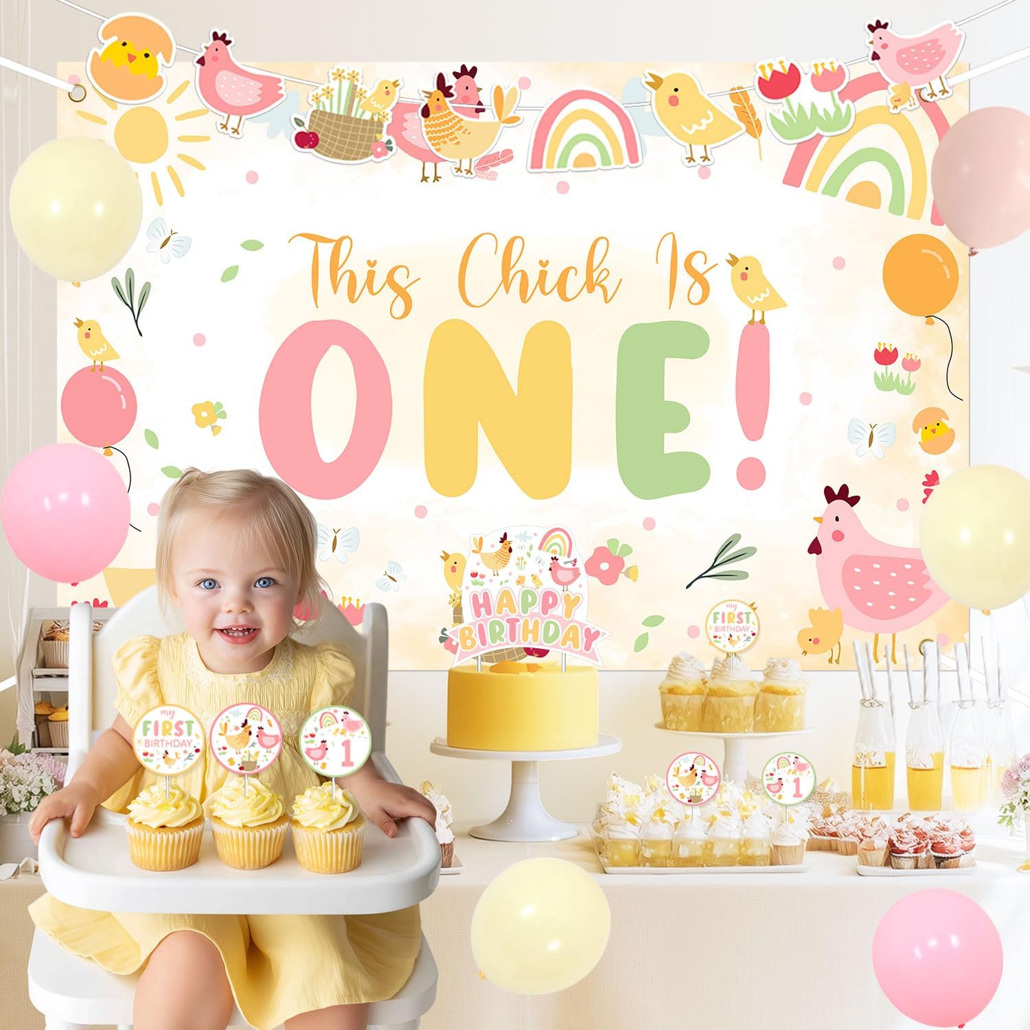 Chicken Themed 1st Birthday Decorations This Chick Is One Backdrop Farm Animals Banners Cute Chick Cupcake Cake Toppers Pink Orange Yellow Latex Balloons for Boys & Girls 1st Birthday Party Supplies - Image 4