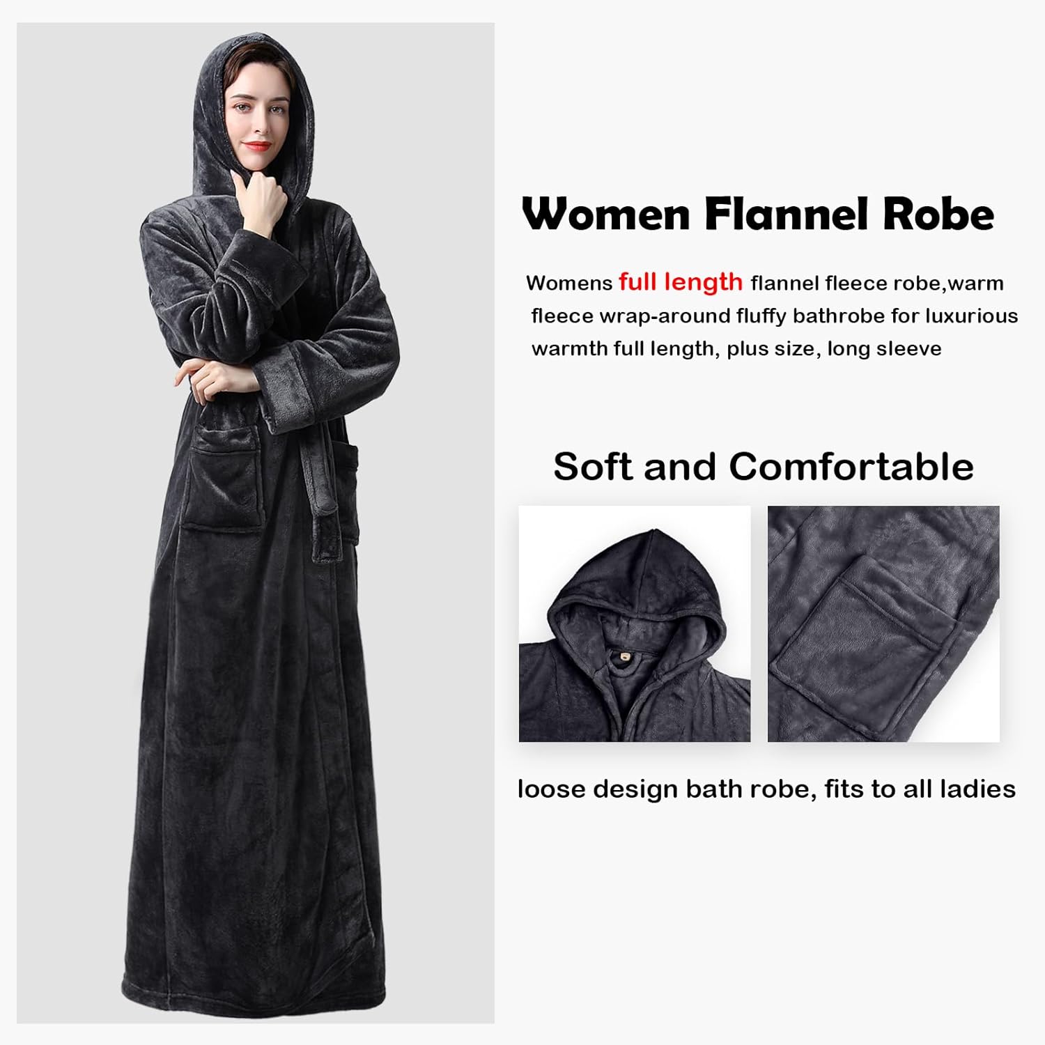 Oksun Womens Long Fleece Robe: Floor Length Flannel Hooded Bathrobe, Plush Warm Winter Housecoat, Fluffy Soft Cozy Nightgown - Image 4