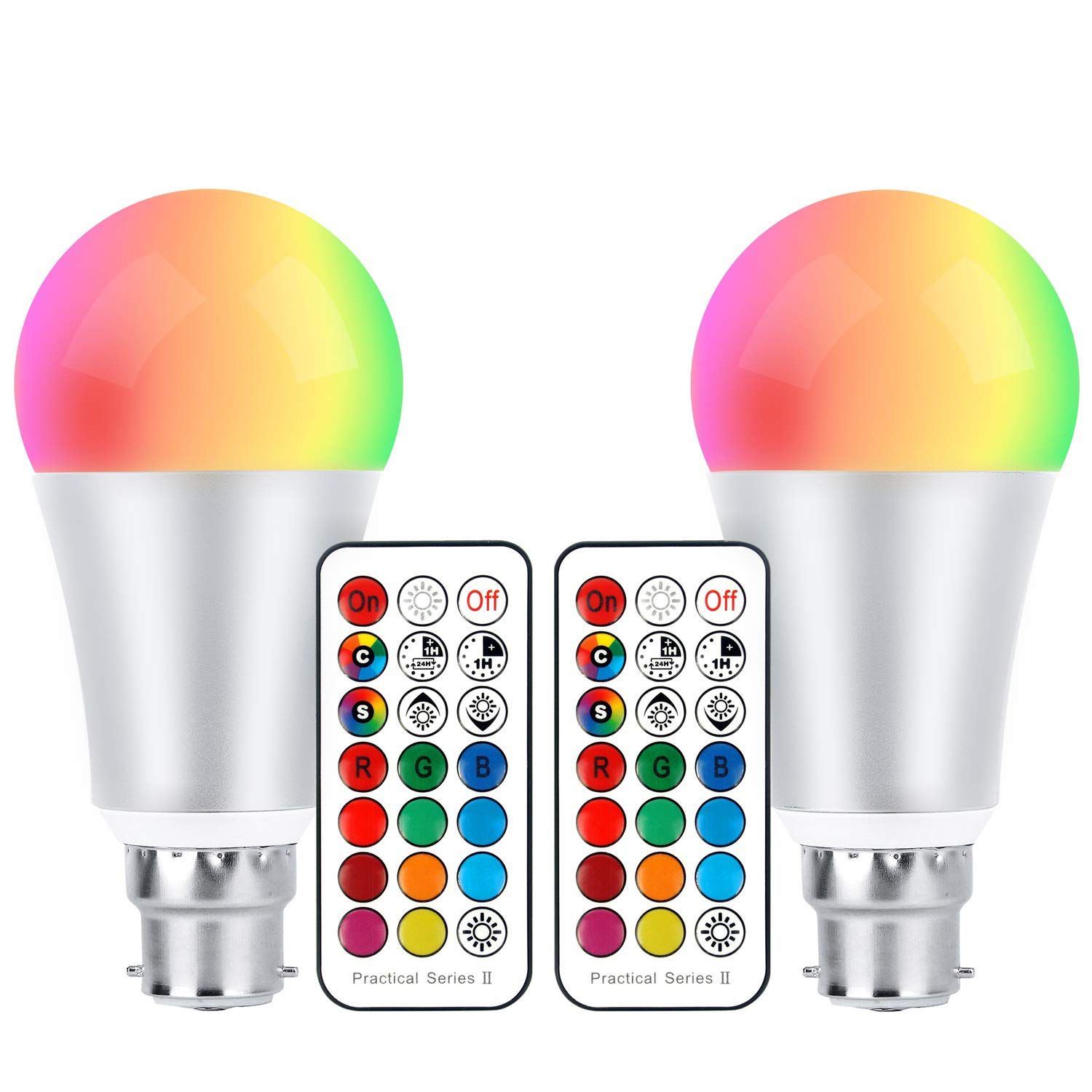 Colour Changing Led Light Bulb 10W, RGB + Warm White Colour Bulbs Dimmable with IR Remote Control, RGB Bayonet Light Bulb, Updated Warm White 2700K, Disco Party Home Mood Lighting, Pack of 2