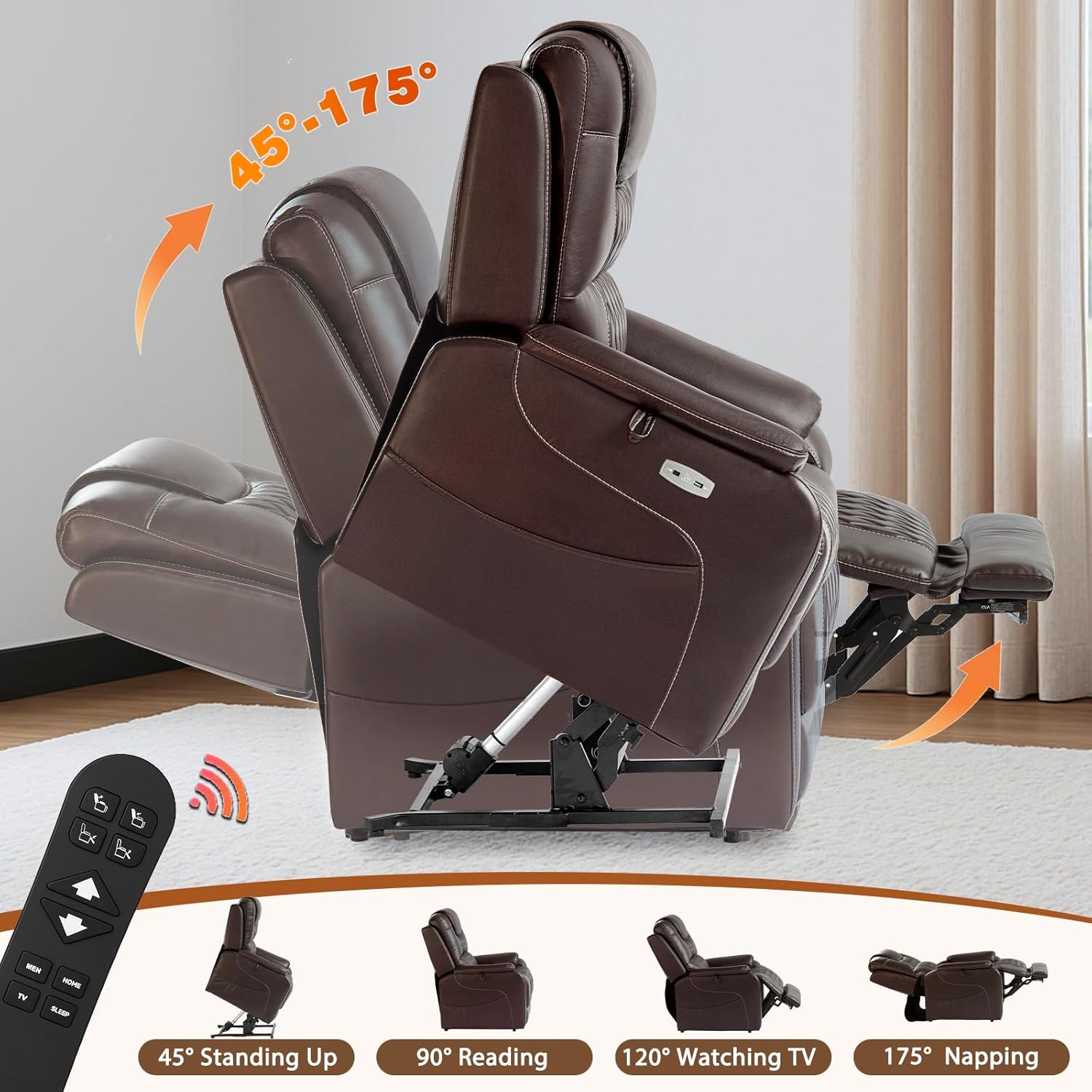 EONIX Triple Motor Lay Flat Power Lift Recliner Chair for Elderly with Massage, 400lbs Electirc Lift Chair for Living Room, Independent Adjustable Backrest Headrest, Extended Footrest, Dark Brown