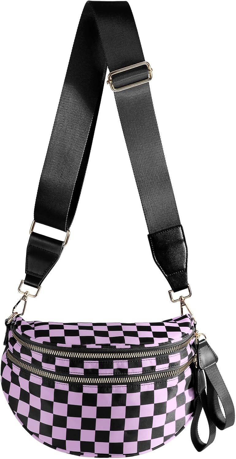 Black and White Checkered Crossbody Bag Bum Bag for Women,Spacious Checkered Purse Fanny Packs Belt Bag
