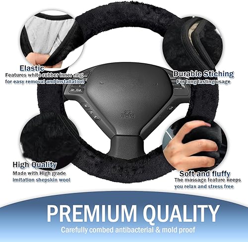 Miniatura 3 de Forro decorativo Zone Tech antiderrapante de felpa para volante, freno de mano y palanca de cambios - Cómoda cubierta térmica para el volante del