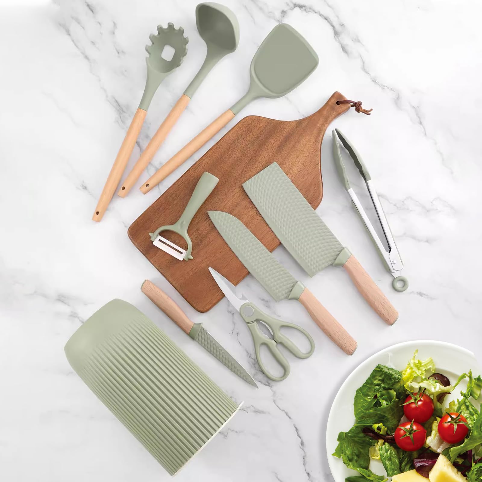 Set di 10 utensili da cucina, 10 coltelli antiaderenti in acciaio inox e spatole da cucina in silicone con supporto, manico ergonomico in legno (verde)