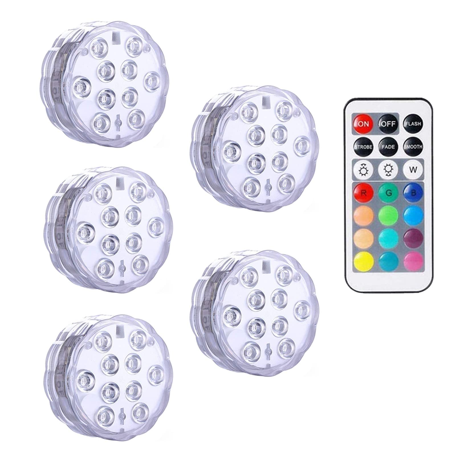 Luce sommergibile a 10 LED con telecomando Lampada da notte subacquea alimentata a batteria for la decorazione della festa nuziale ciotola del vaso piscina Creare Un'Atmosfera(5 Lamp 1 controller)