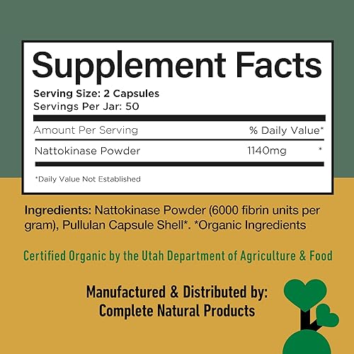 Miniatura 6 de Complete Natural Products Cápsulas Nattokinase – 100 unidades de 570 mg 6000 Fu'S, apoyan la circulación saludable, enzimas natto, sin gluten,