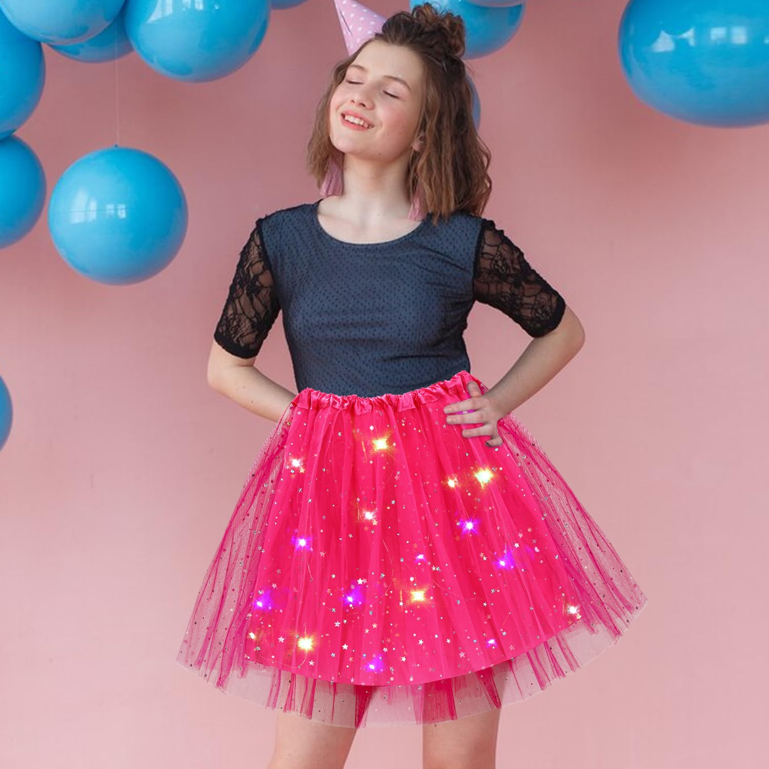 Wishstar Jupe en Tulle pour Femmes, Robe Danse à Paillettes étoilées, Mini-Jupe Extensible avec Lumières LED, Jupe Tutu 45cm pour Adultes, Robe de Danse pour Adolescentes Carnaval Ballet