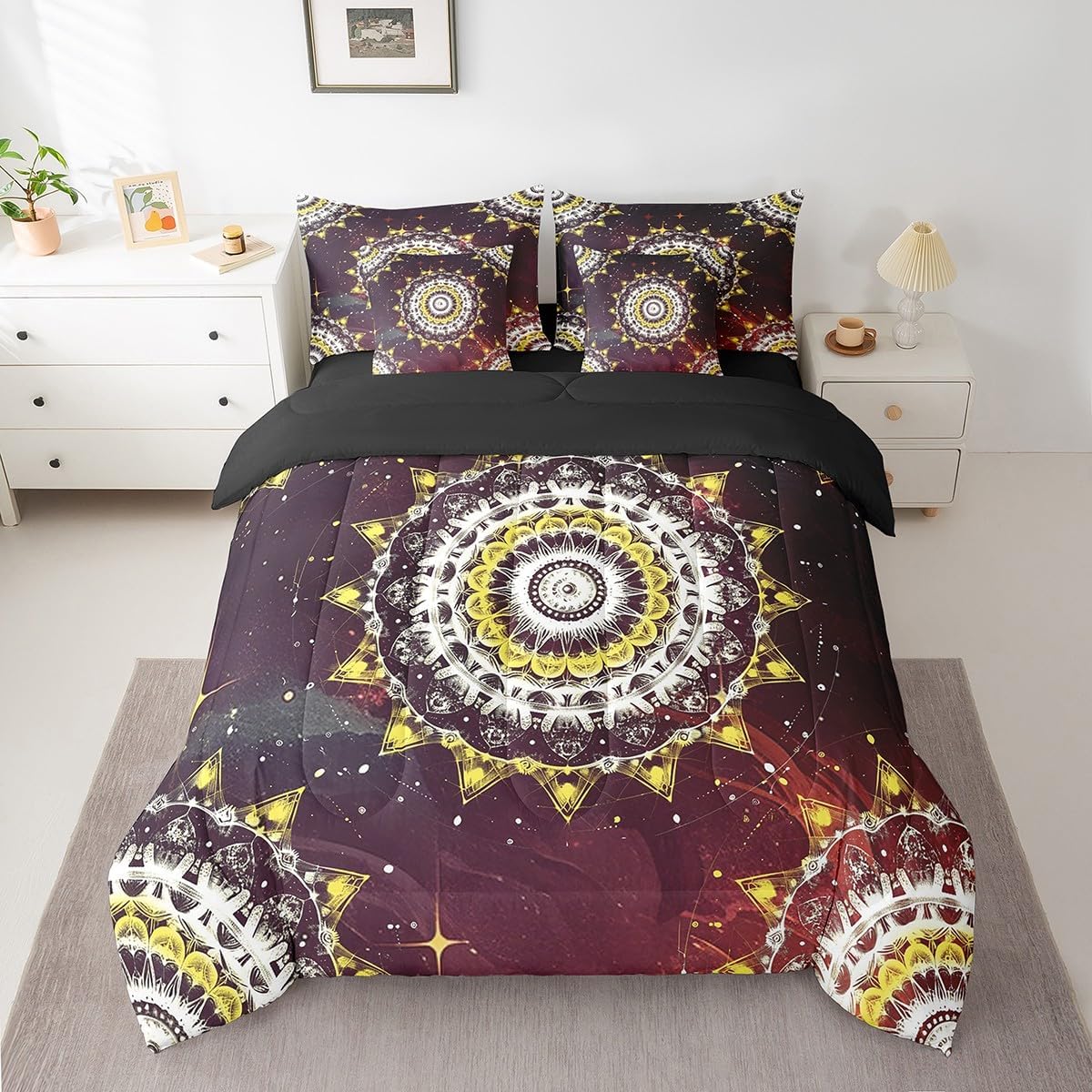 Erosebridal Mandala 7 Piece Comforter Set Full,Modern Ombre Red Black Mandala Floral Bed in a Bag with Flat Sheet and Fitted Sheet,Boho Flowers Starry Sky Gradient Bedding Set with Pillowcase & Sham