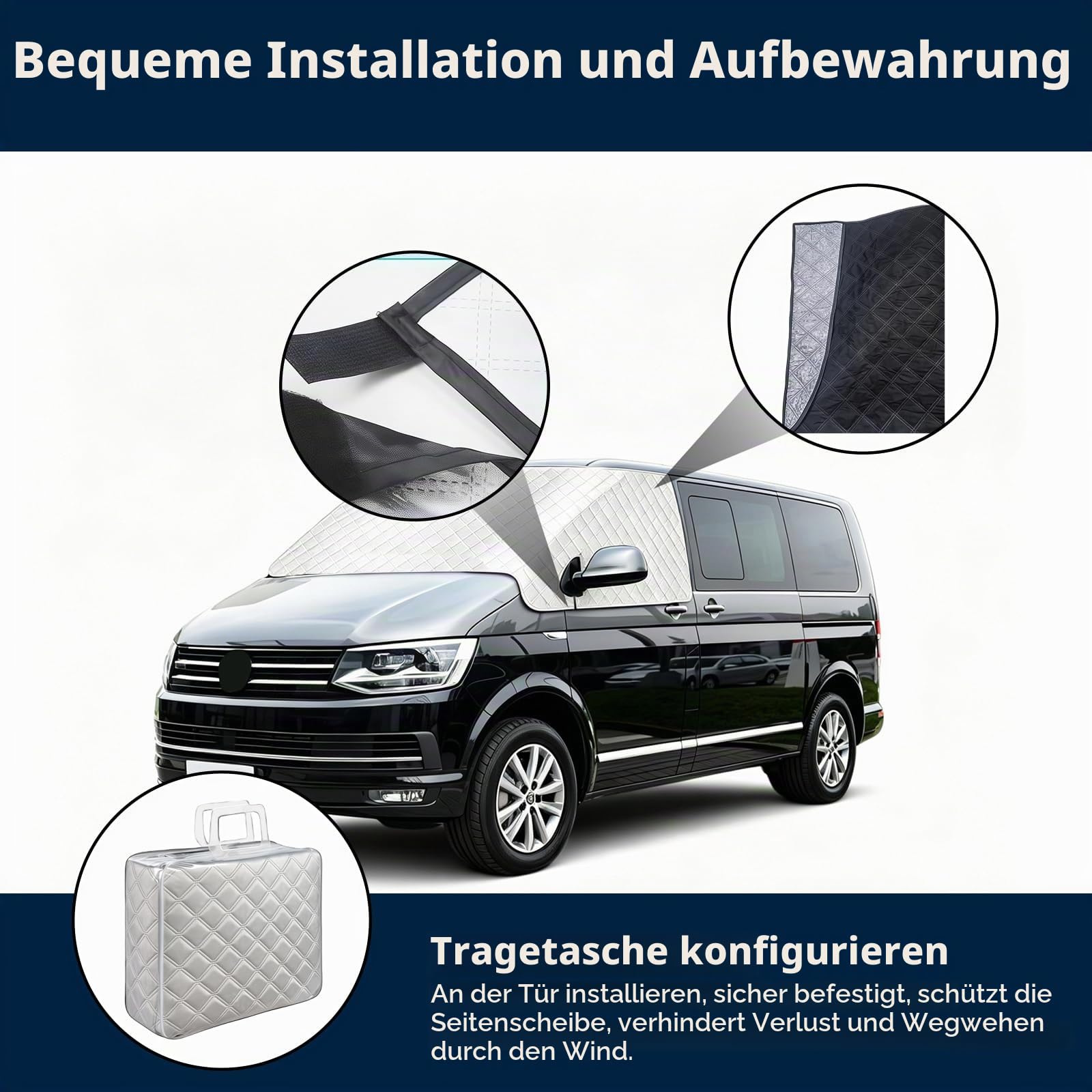 Sonnenschutz Auto Frontscheibe außen passend für VW T6, Windschutzscheibe Abdeckung Sommer, Sonnenblende Faltbar mit Aufbewahrungstasche, Thermomatten Fahrerhaus für Transporter Wohnmobil