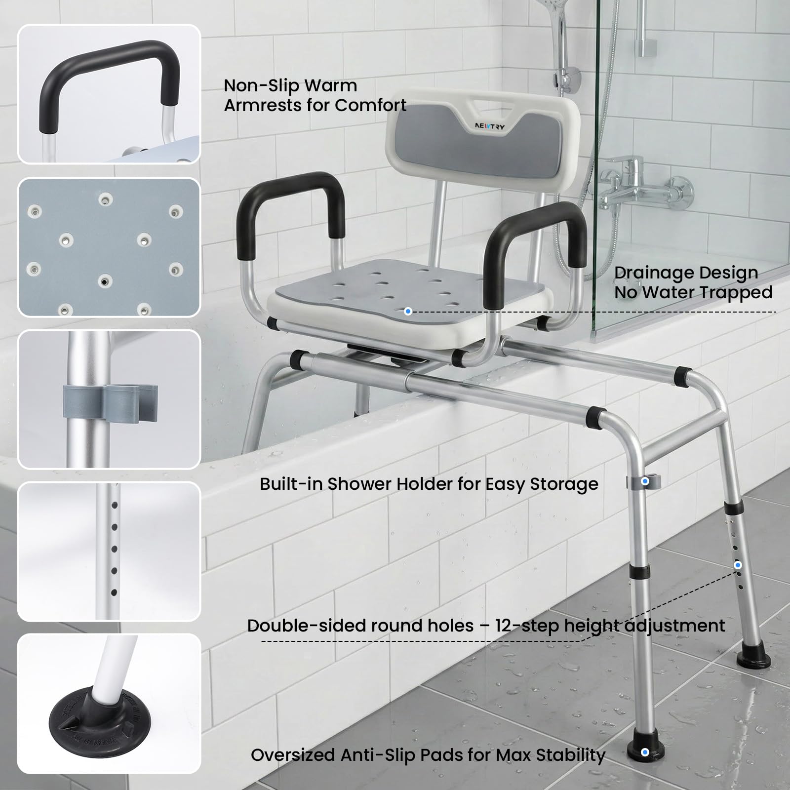 NEWTRY Sedia per doccia, Panca di trasferimento per vasca da bagno scorrevole,sgabello bagno girevole a 360°con regolazione dell'altezza a 12 livell per Anziani Disabili