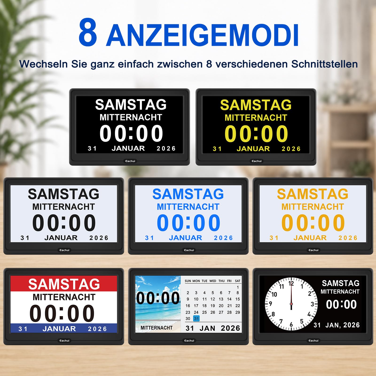 Eachui Digitaler Demenz Uhr Großes Display für Senioren,Plug in(7 Zoll) | Datum Tag der Woche Kalender Uhr 20 Erinnerungen 3 Klingeltöne 10 Stufen Lautstärke, Auto DST