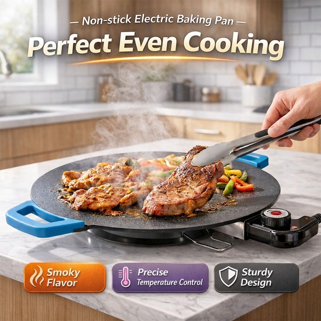 Electric Indoor Smokeless Grill & Griddle Pan, Portable Nonstick Korean BBQ Grill for Kitchen, 2-in-1 Compact Electric Skillet for Steaks, Pancakes & Tortillas – Easy Clean (14in)