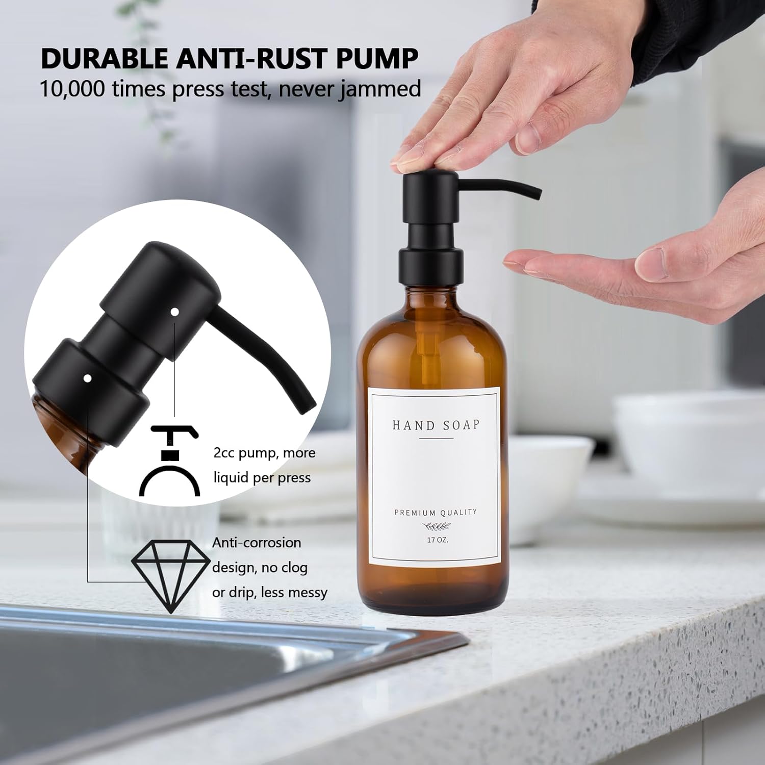 Thick Glass Soap Dispenser - Kitchen Dish Hand Soap Dispenser Set, Rustproof Pump Soap Lotion Dispenser Bathroom with Tray,14 Stickers for Kitchen Decor Amber Bottle/Black Pump - Image 5