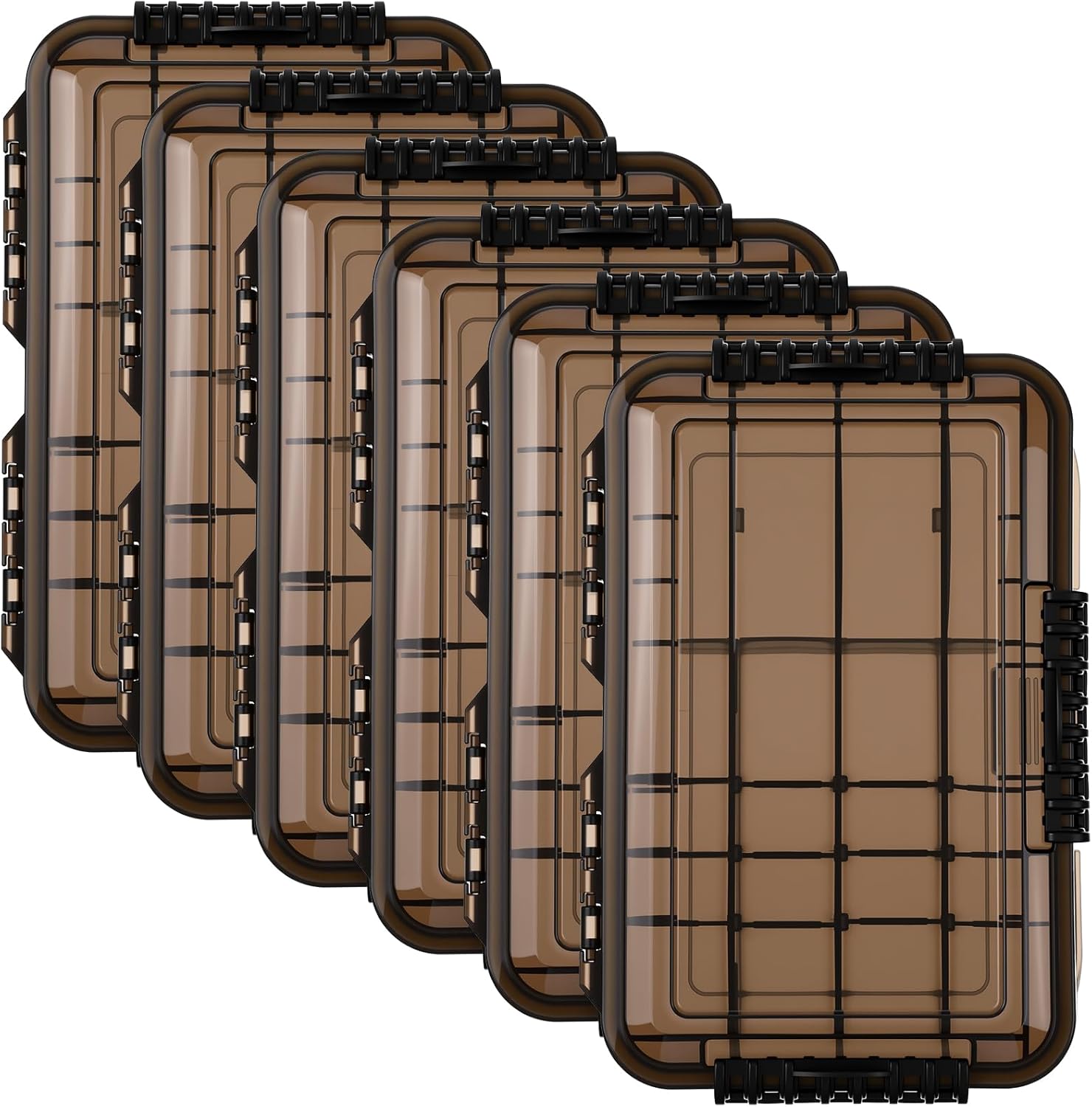 6 Pack 3600 Fishing Tackle Boxes Waterproof Tackle Trays with Removable Dividers Clear Plastic Storage Organizer Bait Vault Camouflage Box for Freshwater Saltwater (Black)