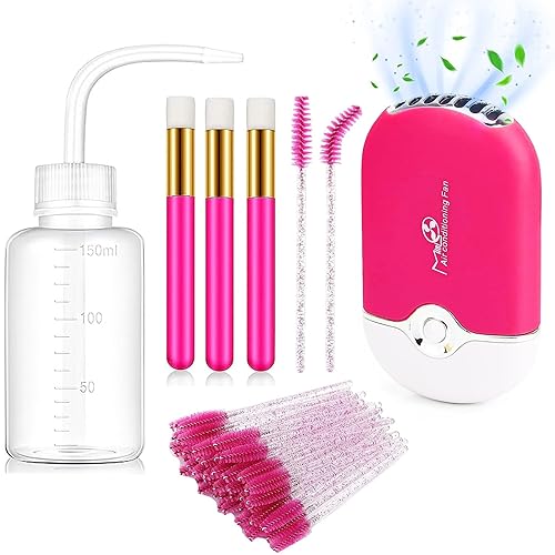 Kit de limpieza de pestañas, mini ventilador de pestañas portátil USB con 50 cepillos de champú para pestañas, 3 cepillos de limpieza facial para