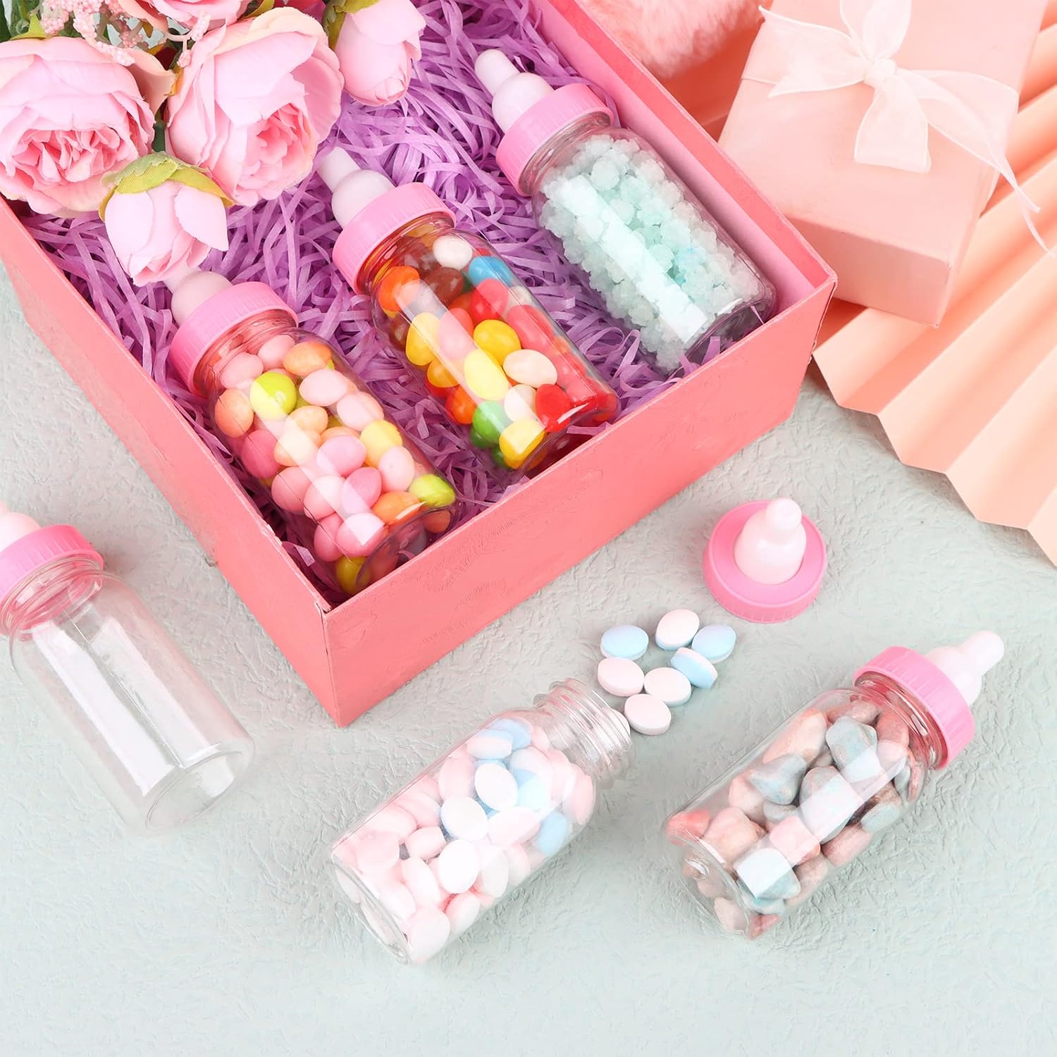 60 Pcs 4.5 Inch Baby Mini Milk Bottle Baby Shower Favor Fillable Feeding Bottle Candy Box Small Plastic Candy Container DIY Gift for Boy Girl Newborn Baptism Party Decor (Pink)