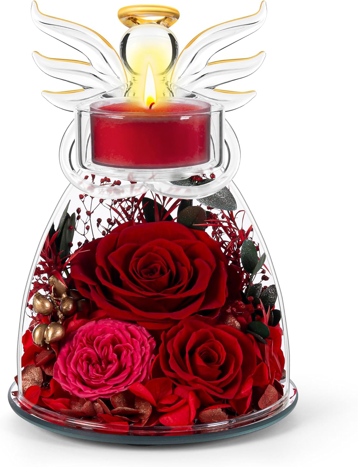 Agrul Mothers Day Roses Gifts for Mom Women,Preserved Real Flowers Roses in Glass Angel Figurines Candle Holder with Tealight Candle Holder/Red