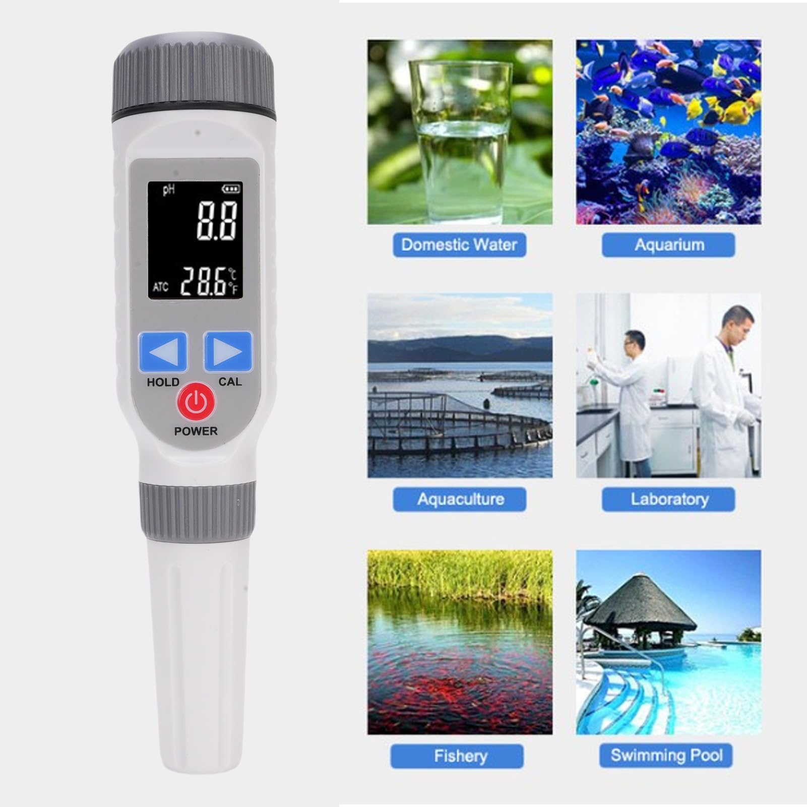 YWBL-WH PH Mètre Testeur de qualité de l'eau ABS LCD Stylo de Test avec ATC 32 à 122 Fahrenheit Résolution 0,01 3 Poudres d'étalonnage pour Test d'eau Domestique 'aquarium de Piscine