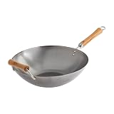 JOYCE CHEN Classic Series 14-Inch Carbon Steel Wok with Birch Handles 14' Flat Bottom Uncoated Wok