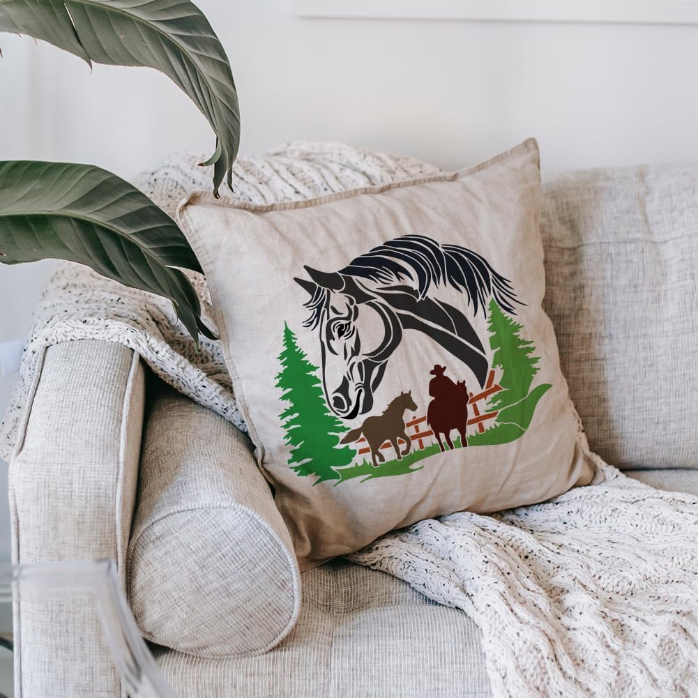 FINGERINSPIRE 14PCS Horse Pattern Painting Stencils with Paint Brush 4 Sizes Reusable Mountains Trees Drawing Template DIY Sun Clouds Flowers Stencil Animal Theme Template for Clothes Decoration
